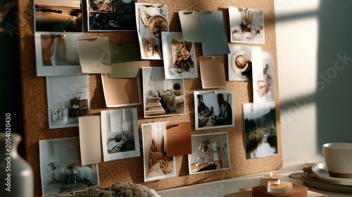 Creative cork board displaying realistic photographs of destinations, coffee breaks, meetings, and tranquil landscapes.