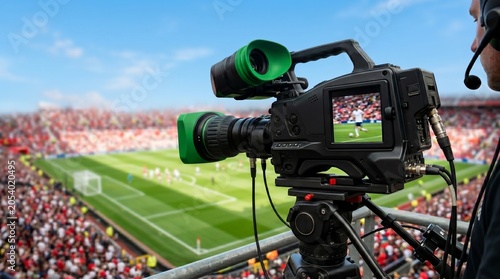 Cameraman using professional broadcast camera to record football match at stadium. Media equipment for live television sports coverage. Videography industry and broadcasting technology concept.