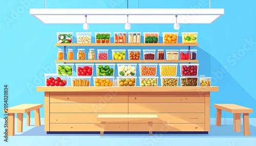 Neatly organized produce and dry goods displayed on shelves and counter