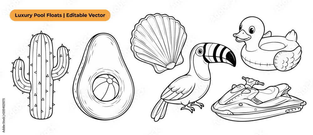 Obraz premium Pool floats coloring page vector line art set of inflatable summer toys featuring cactus, avocado, seashell, toucan, duck and jet ski outlines isolated on white background for kids activity books.