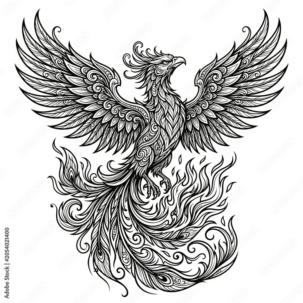 Fototapeta premium Majestic Ornate Phoenix Mythical Bird Line Art Illustration with Intricate Wing and Tail Art