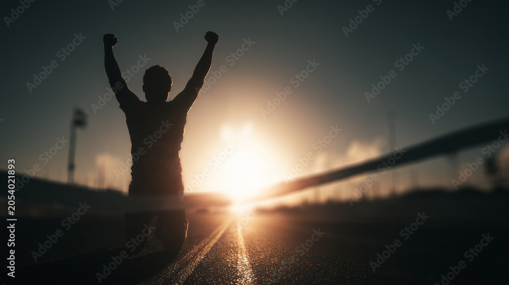 Fototapeta premium Silhouette of athlete raising fists in triumph on road at sunrise.