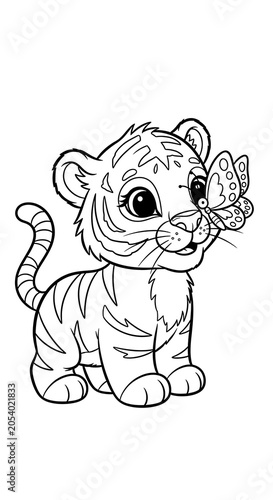 Adorable Tiger Cub with Butterfly - A Whimsical Coloring Page.