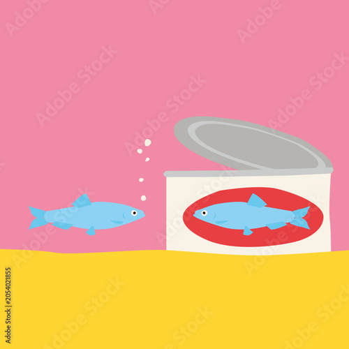 Marine Pollution Concept Illustration of Fish Looking at Canned Fish in the Ocean
