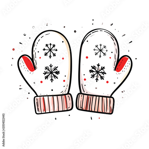 Pair of festive winter mittens with snowflake pattern illustration.