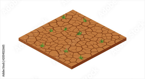 Quadro em tela Cracked Dry Earth with Sparse Green Sprouts Isometric View.