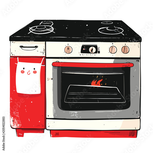 Cute hand drawn illustration of a retro kitchen stove with a smiling towel.