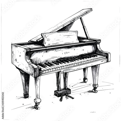 Detailed black and white ink sketch of a grand piano.