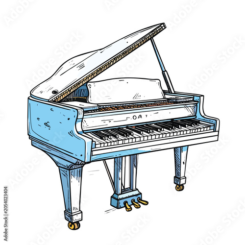 Stylized artistic illustration of a grand piano with blue accents.
