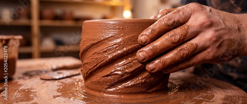 Foto Hands shaping clay on pottery wheel, creating unique ceramic artwork in studio,