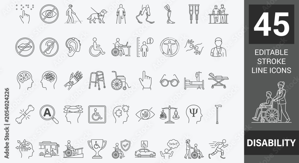 Naklejka premium Disability icon set. featuring of physical and mental development, assistive devices,and more. Outline Icon Collection. Editable stroke. Vector illustration 