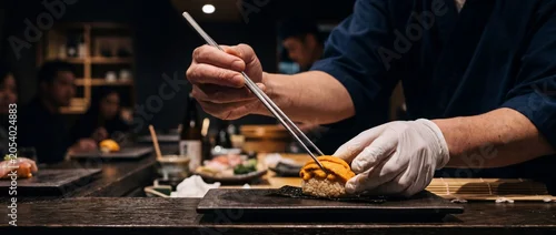 Panel kuchenny z motywem Japanese chef preparing sushi with uni, using chopsticks, focusing on detailed food presentation in restaurant