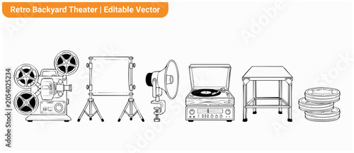 Cuadro en lienzo Retro cinema equipment vector icons set featuring vintage movie projector, portable projection screen, antique horn speaker, turntable record player, and metal film canisters for backyard theater