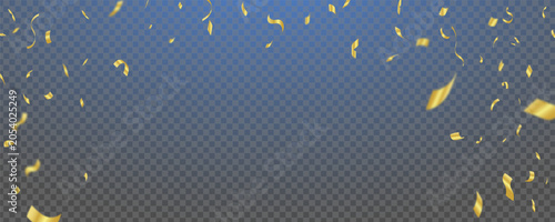 Golden confetti pieces falling on transparent background with blue gradient