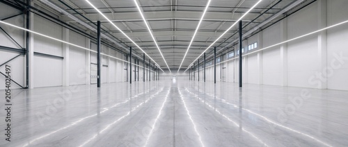 Quadro su tela Empty large industrial warehouse with concrete flooring and bright interior ligh