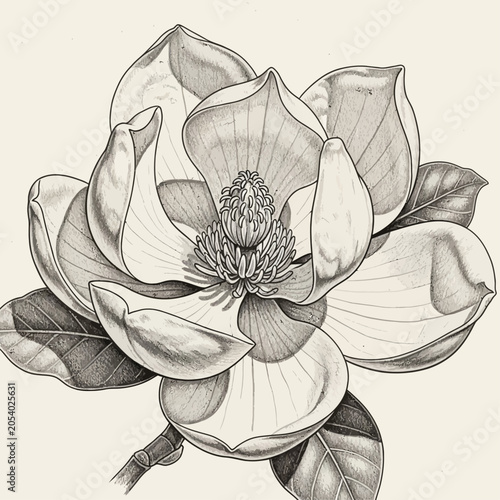 Vintage Magnolia Flower Sketch with Detailed Petals and Leaves in Classic Hand Drawn Botanical Illustration Style
