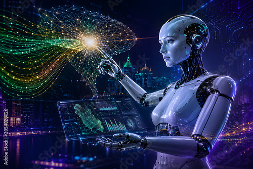 Futuristic Humanoid AI Robot Interacting with Neural Network and Holographic Data Visualization in Smart City Technology Concept