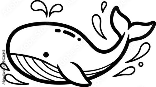 Photos Cute cartoon whale spouting water, black and white line art illustration