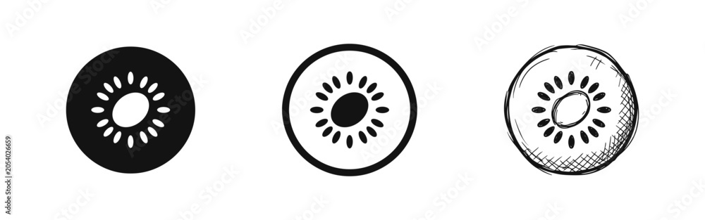 Obraz premium Kiwi fruit slice icon set with solid, outline, and hand-drawn sketch styles isolated on white background