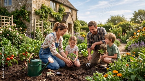 Happy family gardening together in backyard, young parents and children planting vegetables in soil, rustic stone cottage home garden landscape