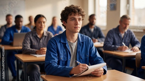 Professional vocational training class with diverse students, young male apprentice in blue workwear taking notes, adult education in classroom