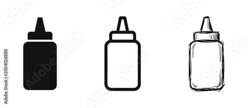 Schilderij op canvas Squeeze condiment bottle icon set with solid, outline, and hand-drawn sketch sty