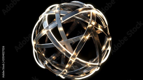 Abstract metallic sphere with glowing lines, isolated on black background.