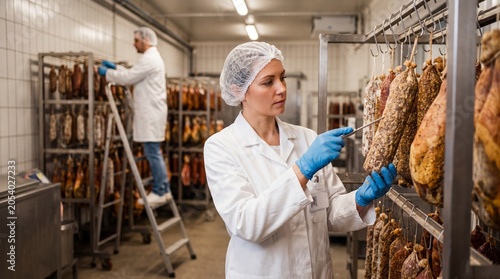 Industrial meat processing facility with female worker inspecting cured ham, professional food quality control in smokehouse, butcher shop production