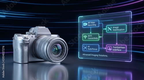 Digital mirrorless camera with holographic interface displaying advanced imaging features like 4k video and ai autofocus