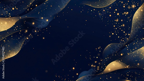 abstract background with Dark blue and gold particle. Christmas Golden light shine particles bokeh on navy blue background. Gold foil texture. Holiday concept.