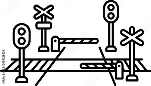 Foto Railway crossing signals, barriers, and railroad crossing signs icons