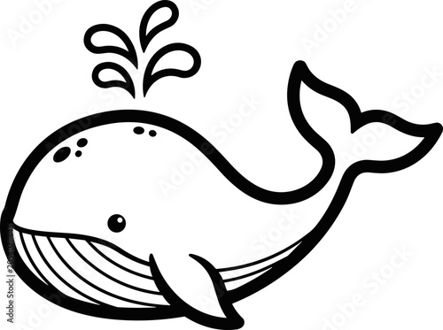 Photos Cute cartoon whale spouting water, simple line drawing, black and white, vector