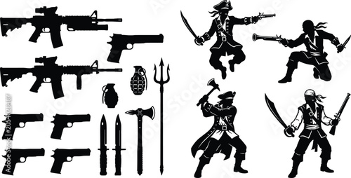 Bild auf Leinwand Set of Military Weapons and Pirates Silhouette Illustrations