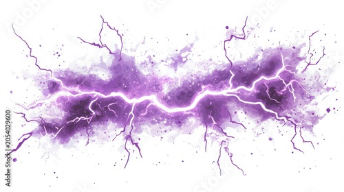 Lightnings, purple thunderbolt strikes at night, Electric impact effects, thunderstorm sparking discharges isolated on white background, vector realistic illustration