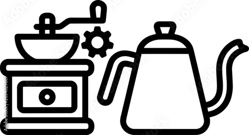 Tableau sur toile Manual Coffee Grinder and Pour Over Kettle Icon Set - Coffee Making Equipment