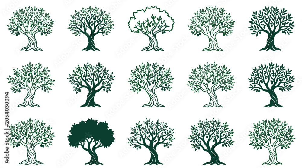 Fototapeta premium Olive tree icon set in various flat vector styles