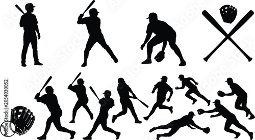 Quadro em tela Baseball and softball players hitting batting running and catching with equipmen