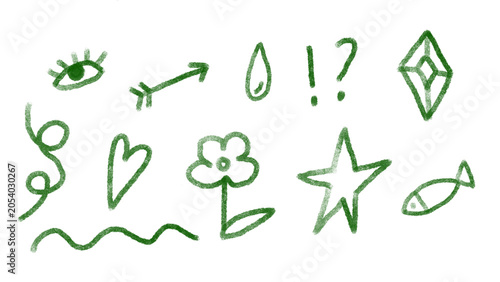 set of green doodle drawing note symbol elements with rough crayon texture, eye, fish, star, flower, diamond, arrow, drop, wave signs