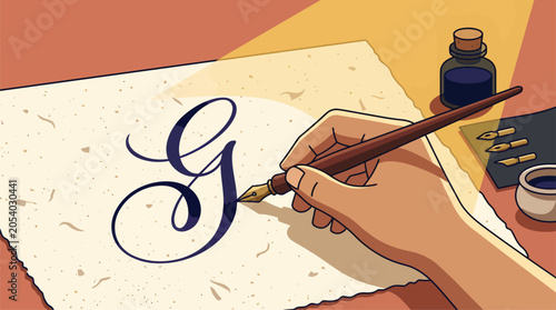 Obraz na plátně Hand drawing the letter G with a fountain pen on textured paper.