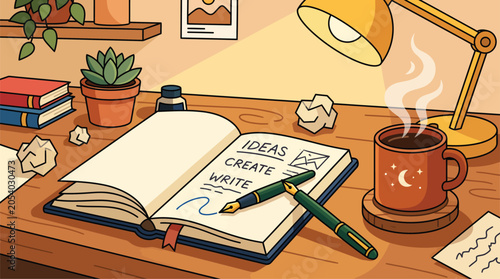 Cozy workspace with open notebook and coffee mug illustration.