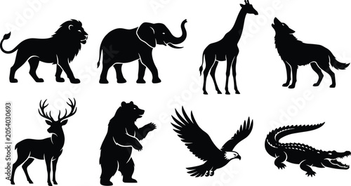 Photography Wild animal silhouette icon set featuring lion, elephant, giraffe, wolf, deer, b