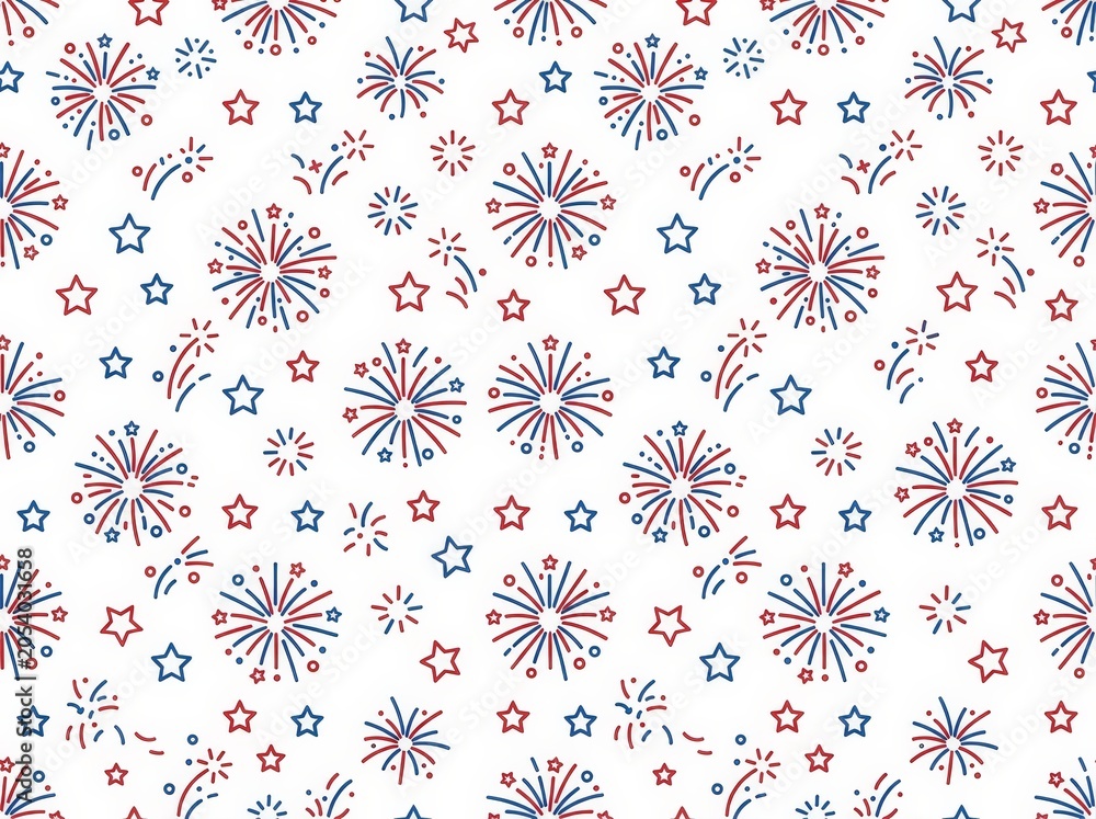 Fototapeta premium Red and blue fireworks and stars create a festive seamless pattern on a white background, celebrating holidays.