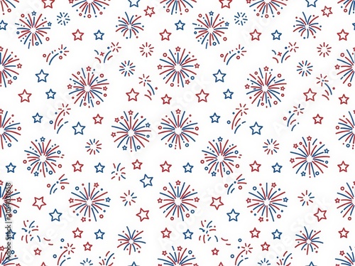 Red and blue fireworks and stars create a festive seamless pattern on a white background, celebrating holidays.