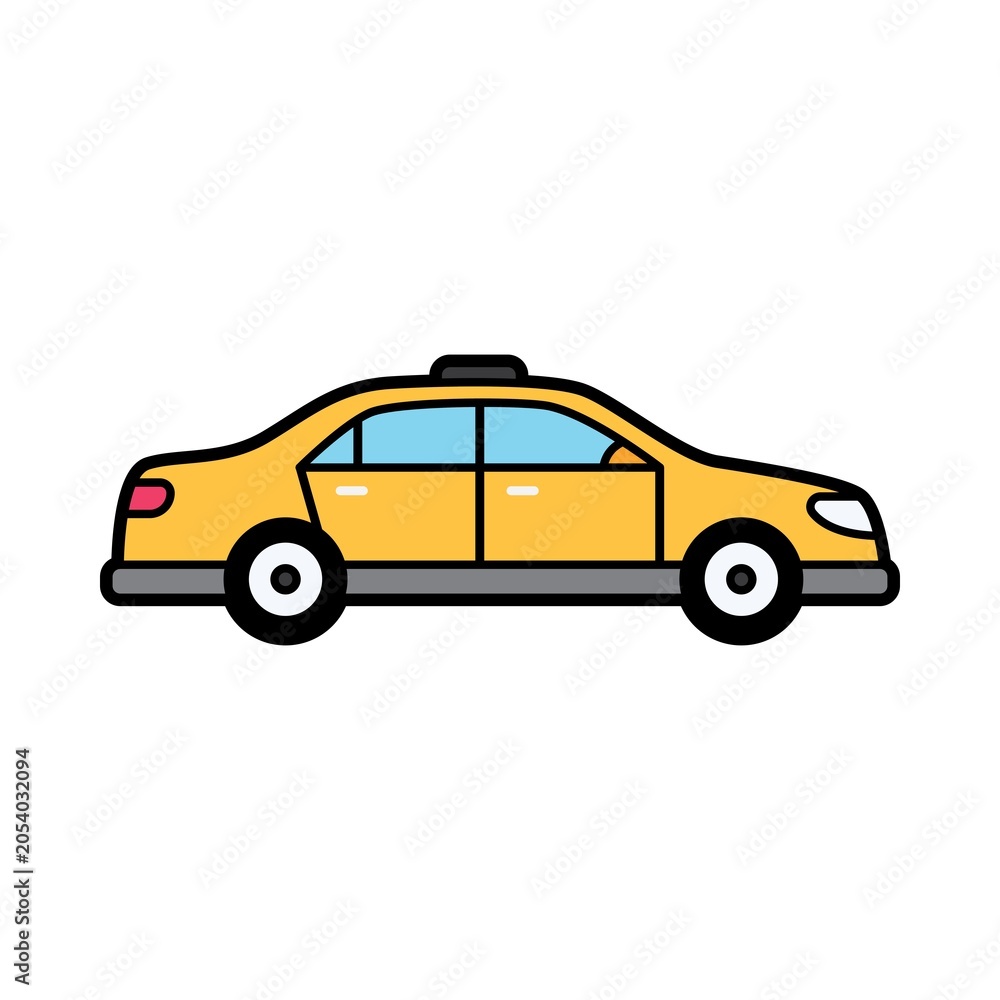 Fototapeta premium Cute yellow taxi car illustration in simple flat cartoon style with clean outline, urban transportation vehicle isolated on light background.