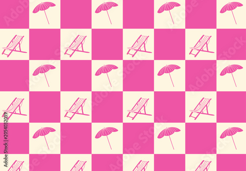 Pink Beach Umbrella Checkerboard Pattern. Summer Resort Background for Swimwear, Vacation Packaging and Coastal Decor