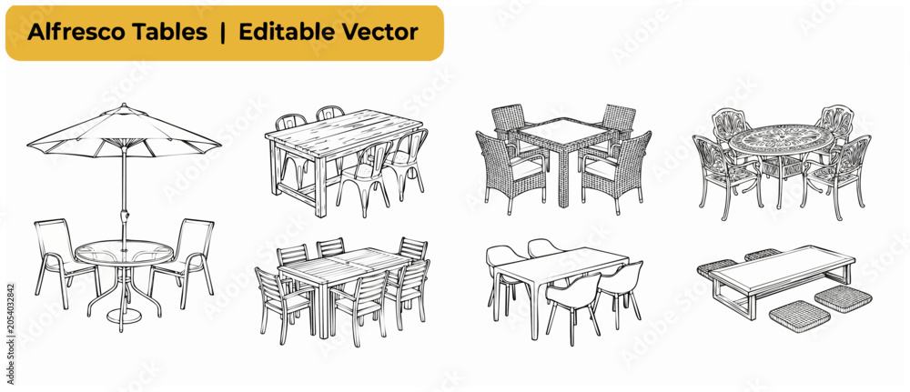 Obraz premium Outdoor patio dining table set vector line drawings for backyard garden cafe design illustrations including picnic table umbrella and wicker chairs sketch isolated on white background layout set pack.