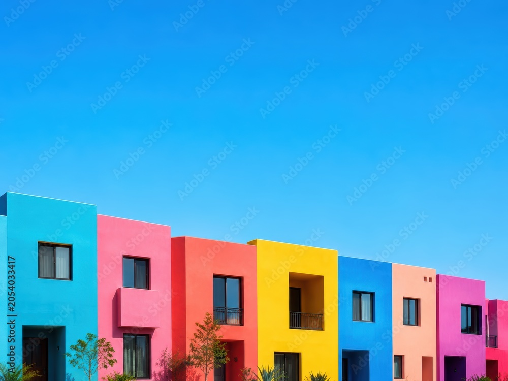 Fototapeta premium Vibrant Houses Under Blue Sky: A row of contemporary homes painted in bold, diverse colors stands out against a clear, bright blue sky, creating a cheerful and visually striking scene.
