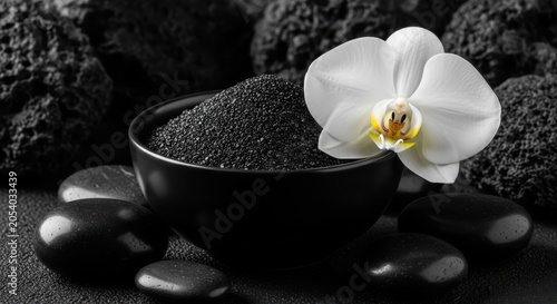 Black Hawaiian lava bath salts in a dark bowl with white orchid and smooth stones