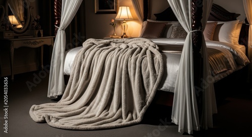 Luxurious Plush Faux Fur Throw Blanket Artfully Arranged on a Canopy Bed with Warm Lighting
