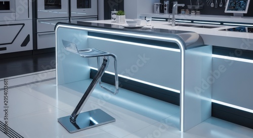 Modern minimalist bar stool with polished chrome base in a sleek illuminated kitchen interior